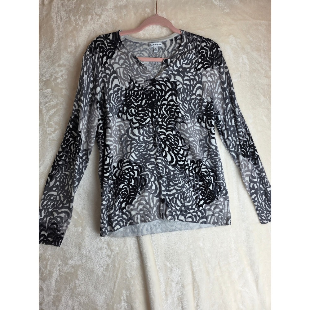 Croft & Barrow Womens XL‎ Cardigan Sweater Black Gray White Abstract Print